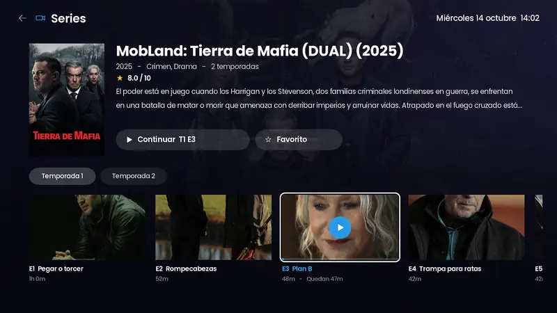 Ficha de serie con el botón Continuar T1 E3 y los minutos que faltan del episodio