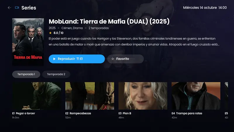 Ficha de serie con sinopsis, valoración, temporadas y episodios con imagen y duración