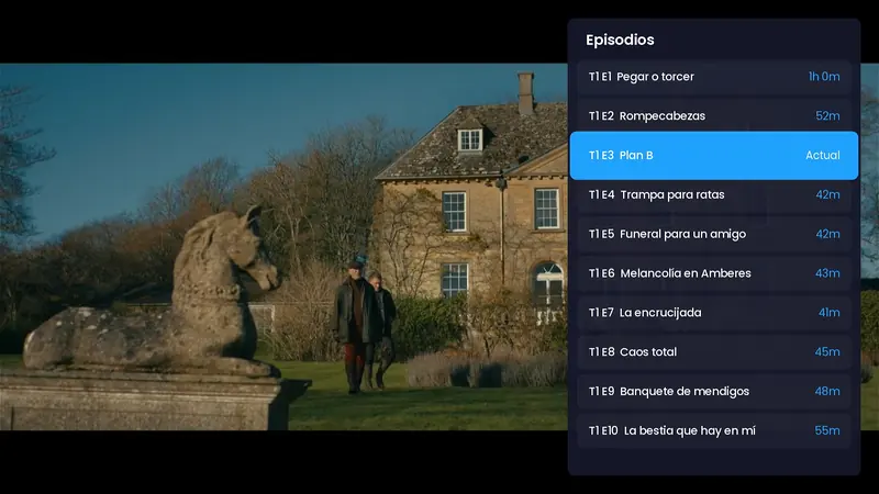 Lista de episodios abierta dentro del reproductor con el episodio actual marcado