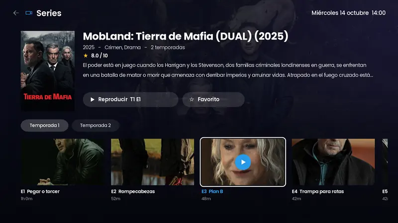Fila de episodios con imagen, título y duración de cada uno
