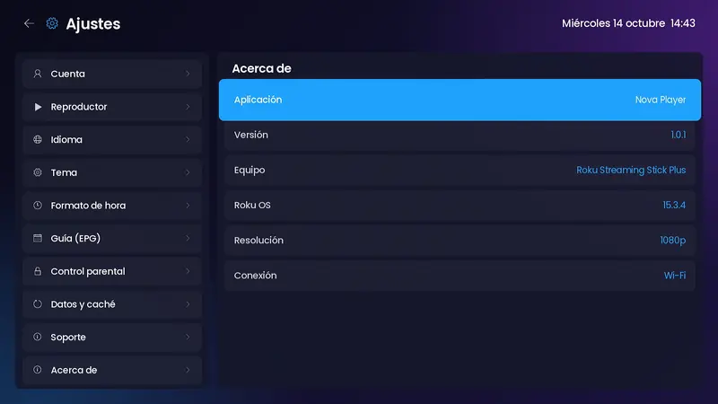 Acerca de con versión de la app, modelo de Roku, Roku OS, resolución y tipo de conexión