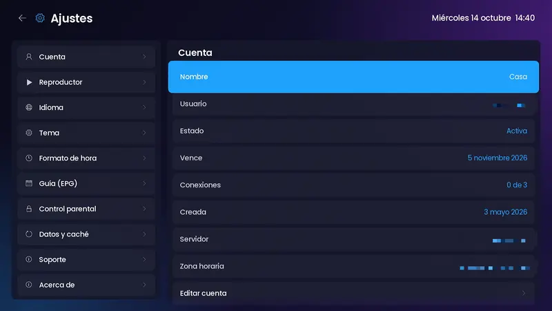 Ajustes, Cuenta: nombre del perfil, estado, vencimiento, conexiones y fecha de alta