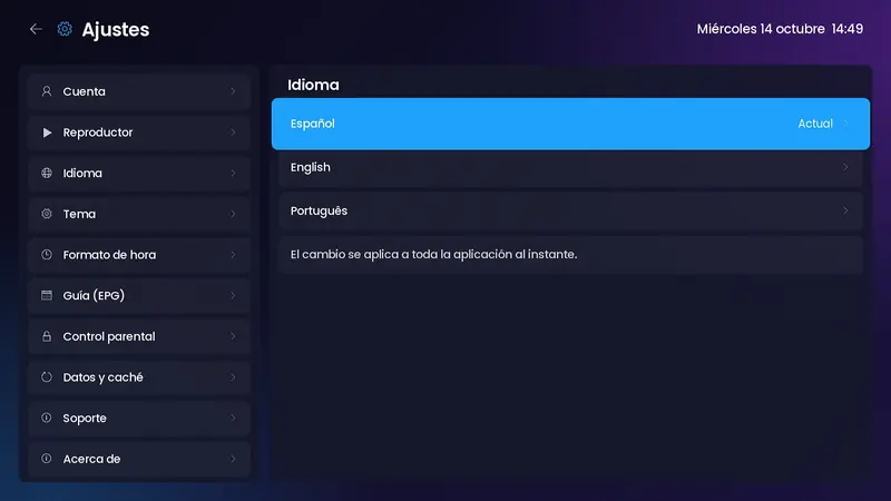 Idioma: español, inglés y portugués, se aplica a toda la app al instante