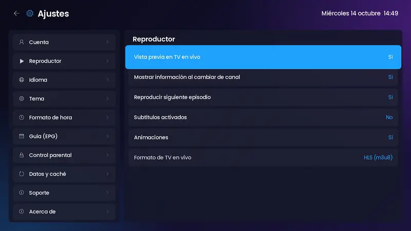 Ajustes del reproductor: vista previa, información al cambiar de canal, siguiente episodio, subtítulos, animaciones y formato de TV en vivo