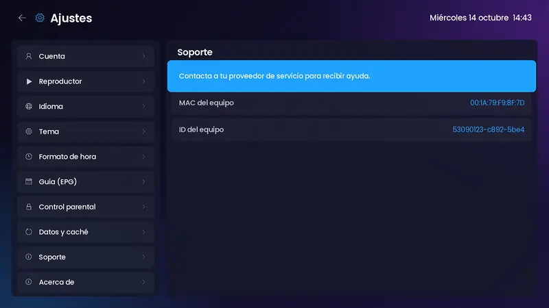 Pantalla de soporte con la MAC y el ID del equipo para tu equipo de soporte