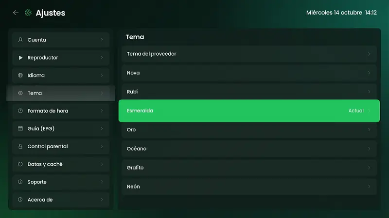 Selector de tema en Ajustes con Esmeralda elegido