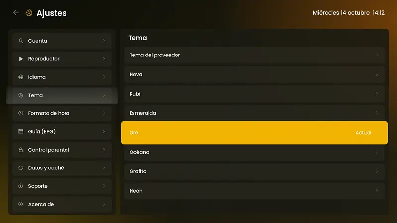Selector de tema en Ajustes con Oro elegido