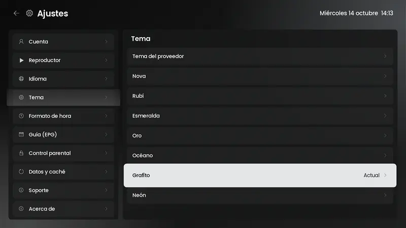 Selector de tema en Ajustes con Grafito elegido