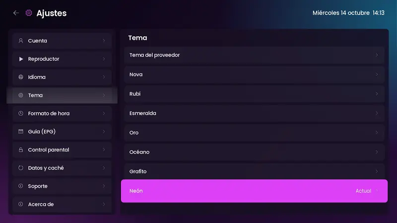 Selector de tema en Ajustes con Neón elegido
