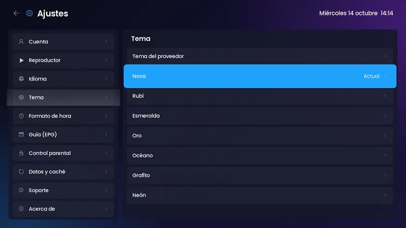 Selector de tema en Ajustes con Nova elegido
