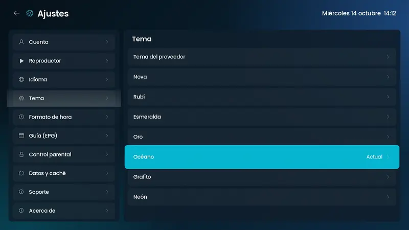 Selector de tema en Ajustes con Océano elegido