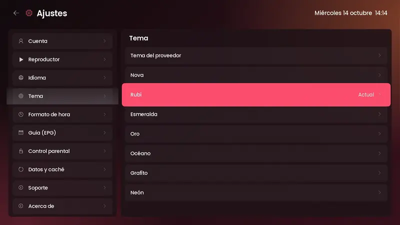 Selector de tema en Ajustes con Rubí elegido