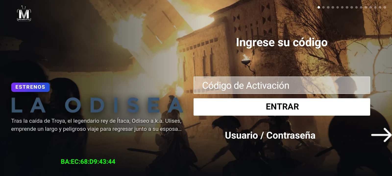 Pantalla de login de Smarters V5 Ultra: activación por código, MAC visible en verde y acceso por usuario y contraseña