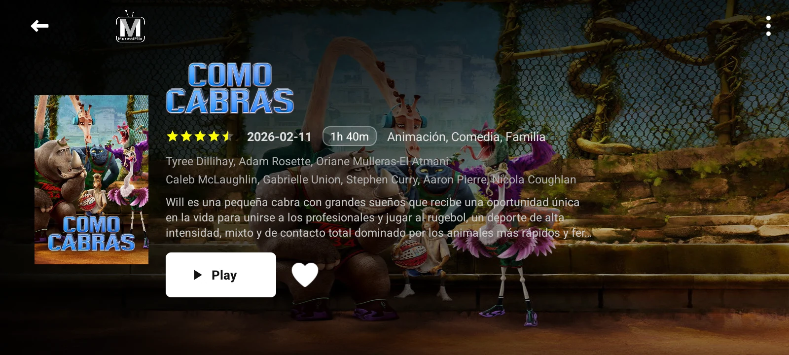 Ficha de película estilo Netflix con fondo TMDB, sinopsis, reparto y botón de reproducción