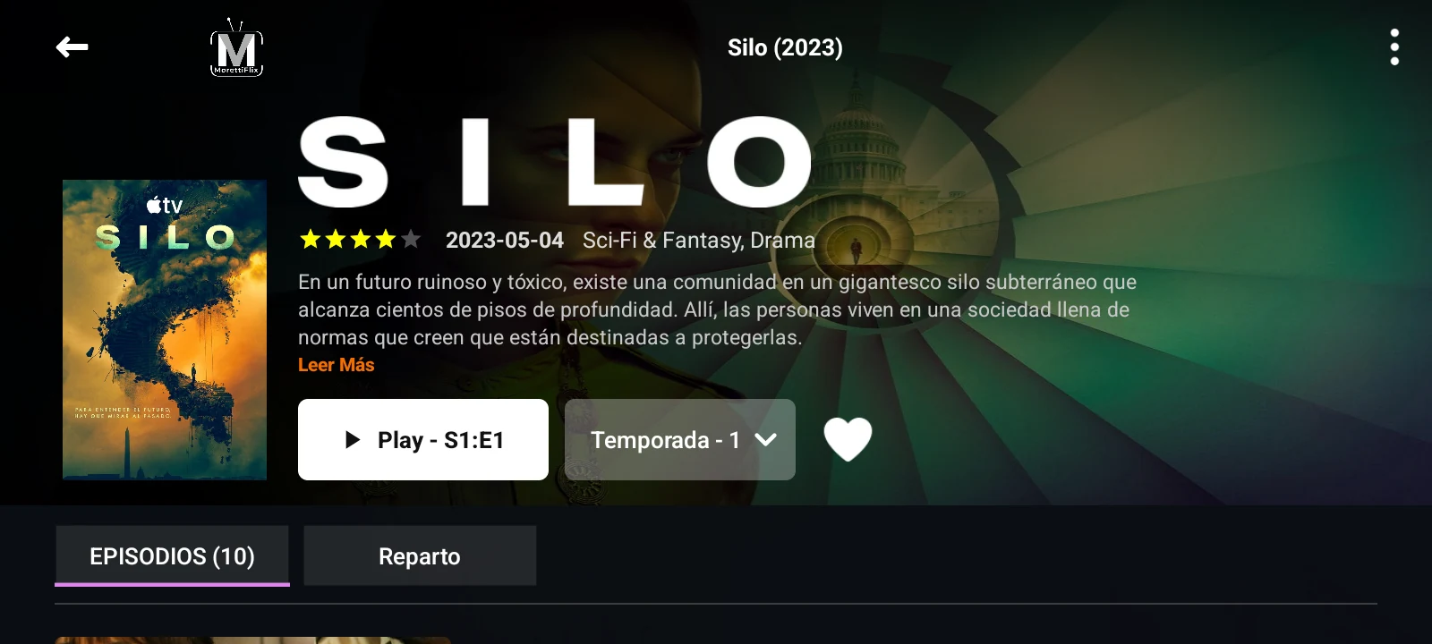 Ficha de serie con selector de temporadas, episodios y fondo cinematográfico TMDB
