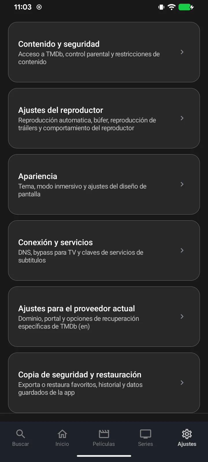 Streamflix - Ajustes: reproductor, apariencia, control parental y respaldo