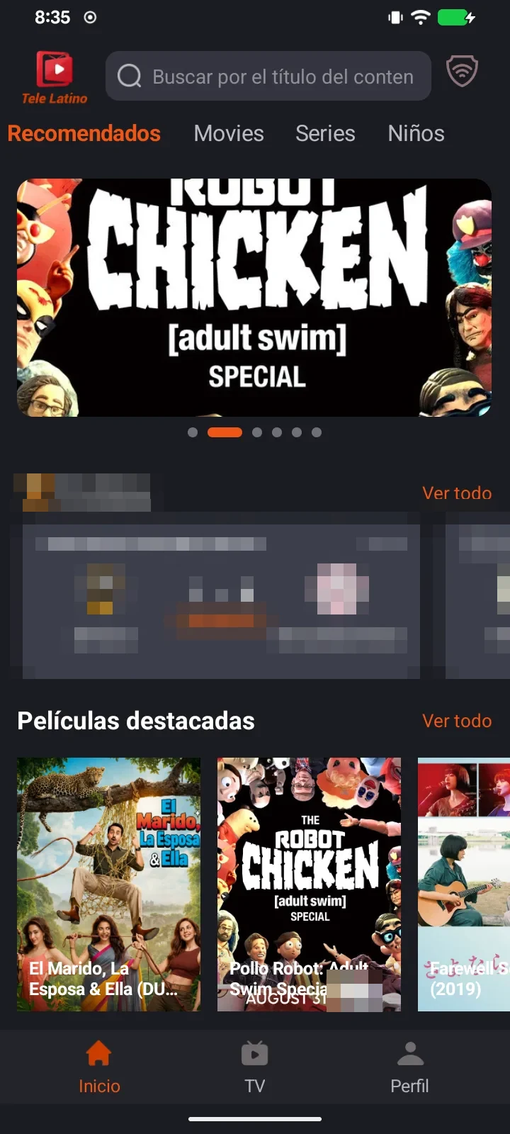 TeleLatino ULTRA — inicio móvil con partidos y películas destacadas