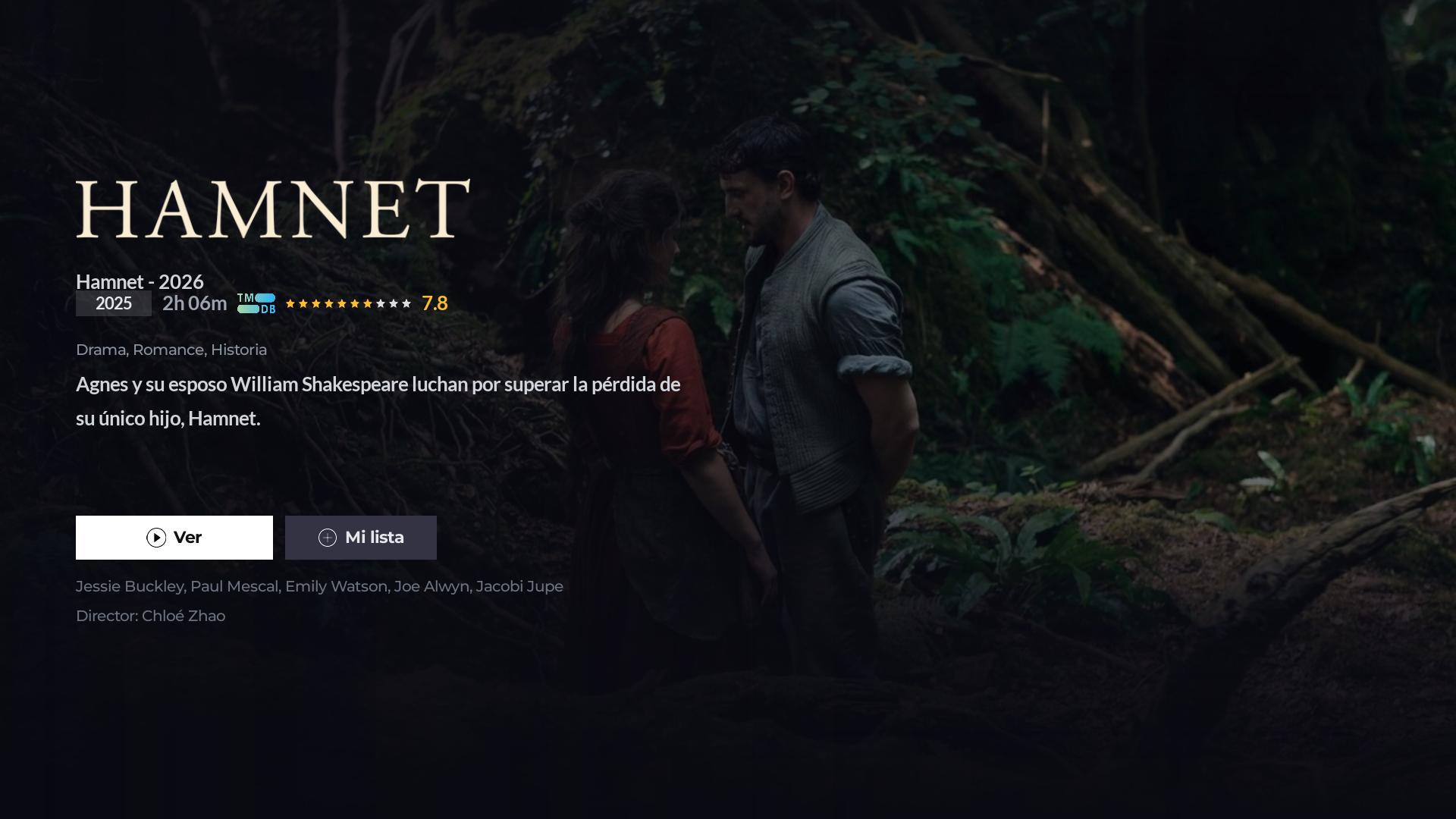 Full-screen Hamnet movie detail with backdrop, logo and cast