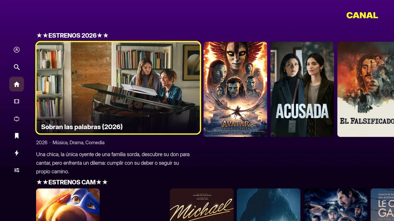 Pantalla de inicio del canal Roku TUBI IPTV PLAYER con hero grande y filas de categorías