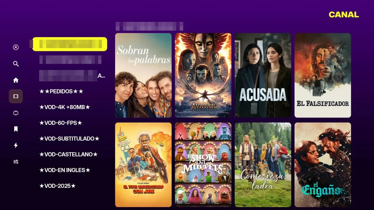 Catálogo de películas por categorías en el canal Roku, con pósters reales