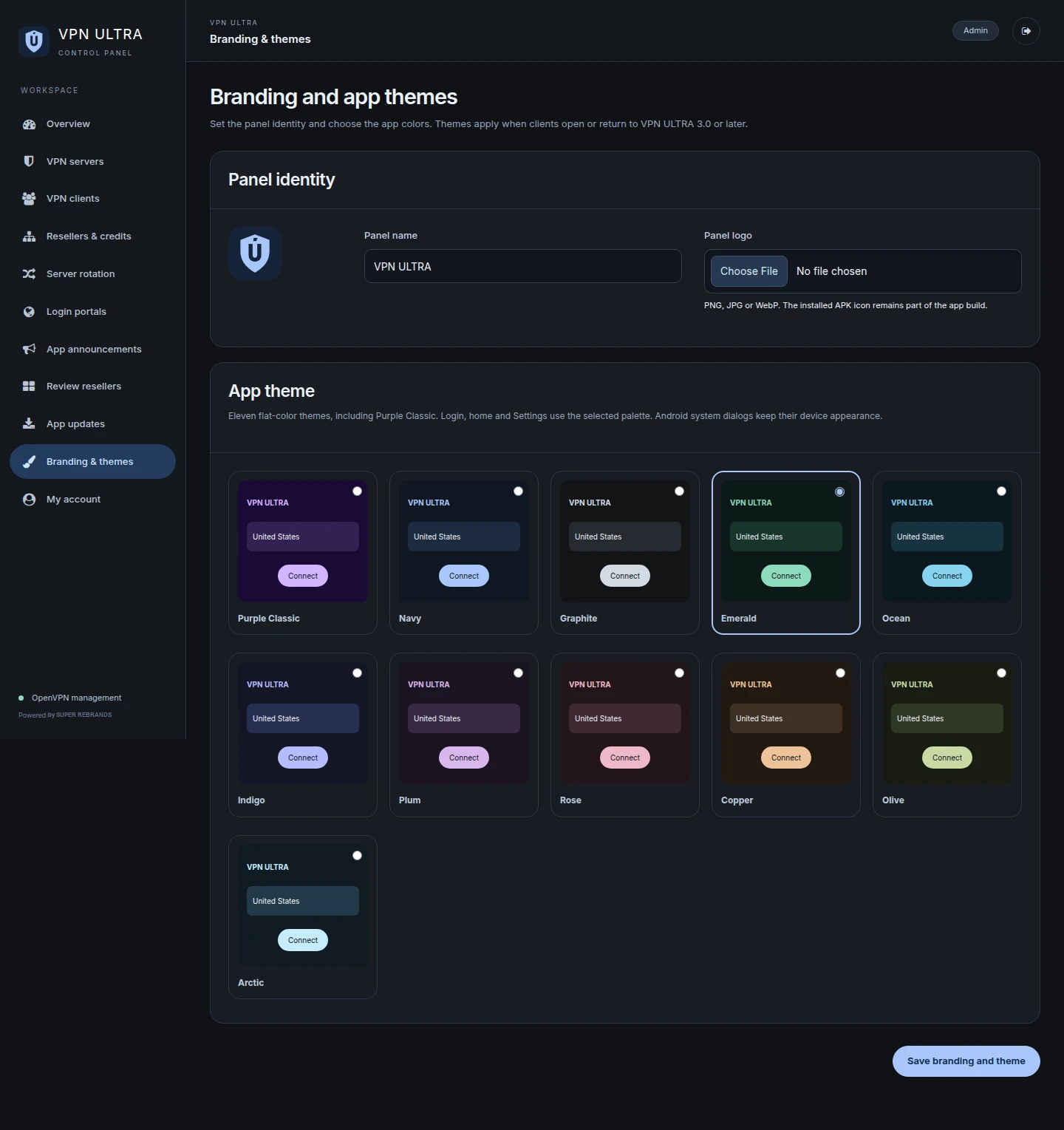 Selector de los once temas de la app