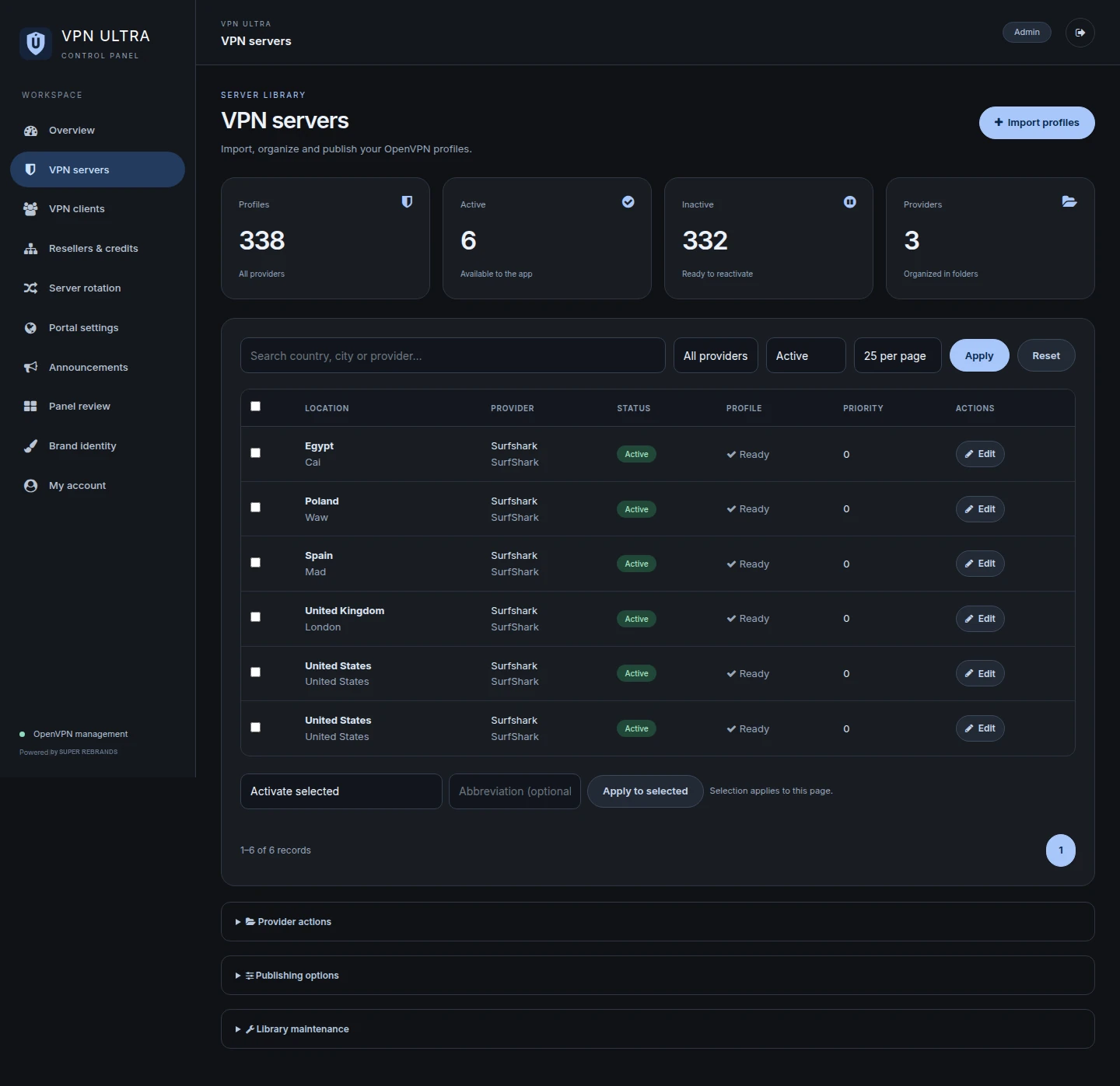 Servidores VPN con búsqueda y paginación