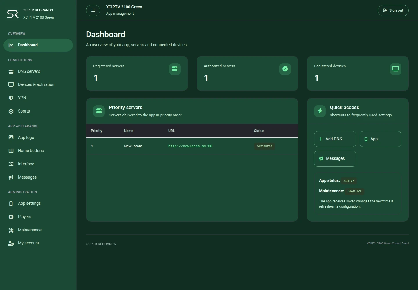 XCIPTV 2100 Green — Panel de administración