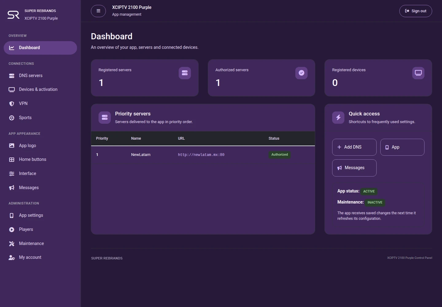 XCIPTV 2100 Purple — Panel de administración
