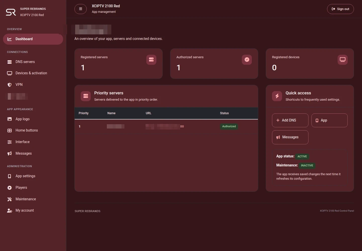 XCIPTV 2100 Red — Panel de administración