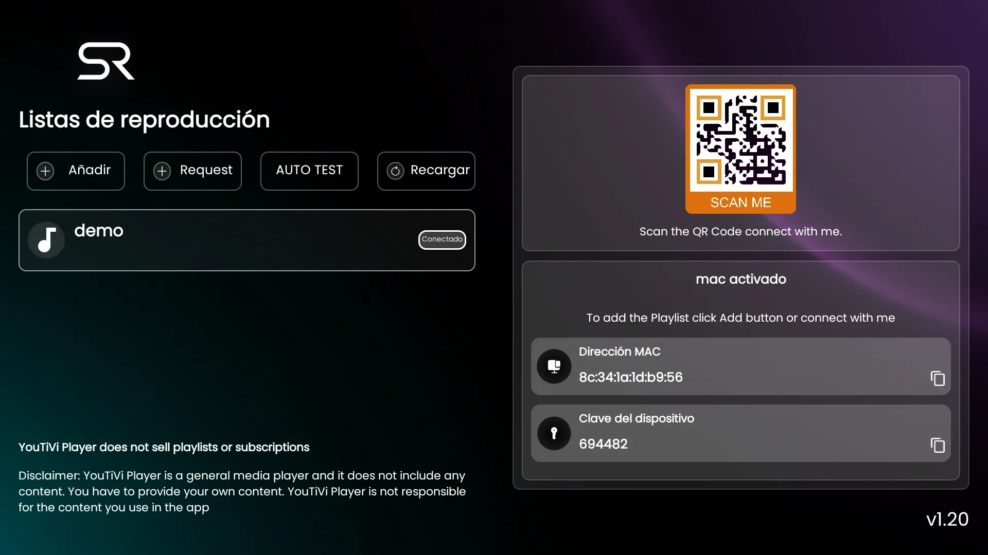 YOUTIVI ULTRA 6 TOPICS — Playlists con el botón AUTO TEST, MAC y clave del dispositivo