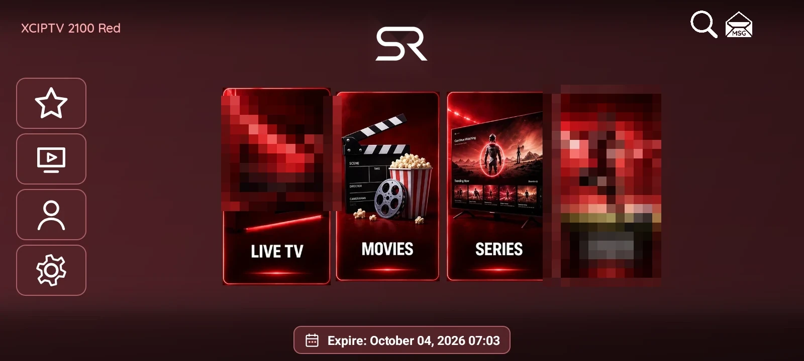 XCIPTV 2100 Red: diseño rojo en el inicio, bibliotecas y Sports